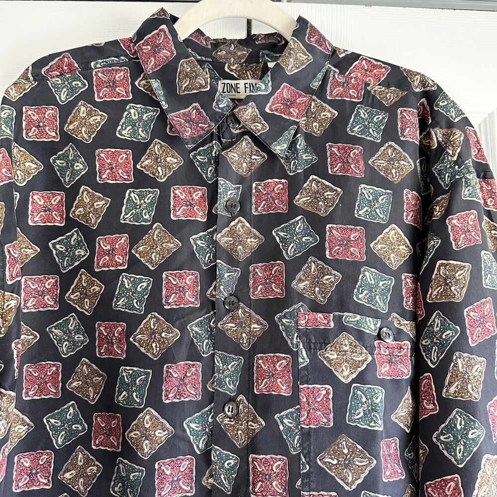 Vintage Zone Five 100% Silk Shirt Mens L Black Geometric Button Front 90s Retro